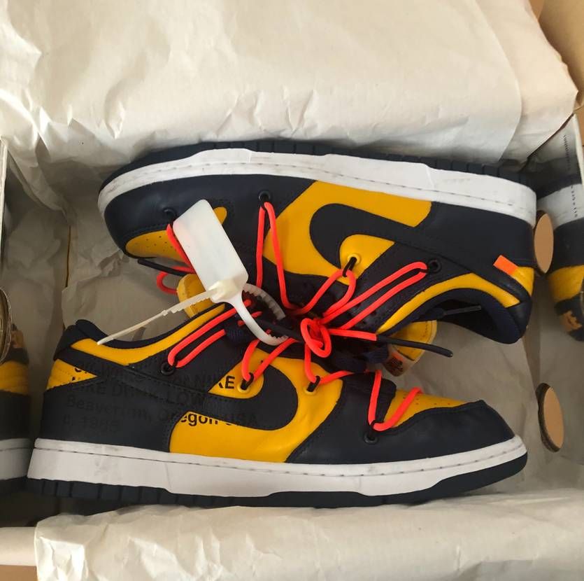 Off-White × Nike Dunk Low LTHR "University Gold/Midnight Navy/White"