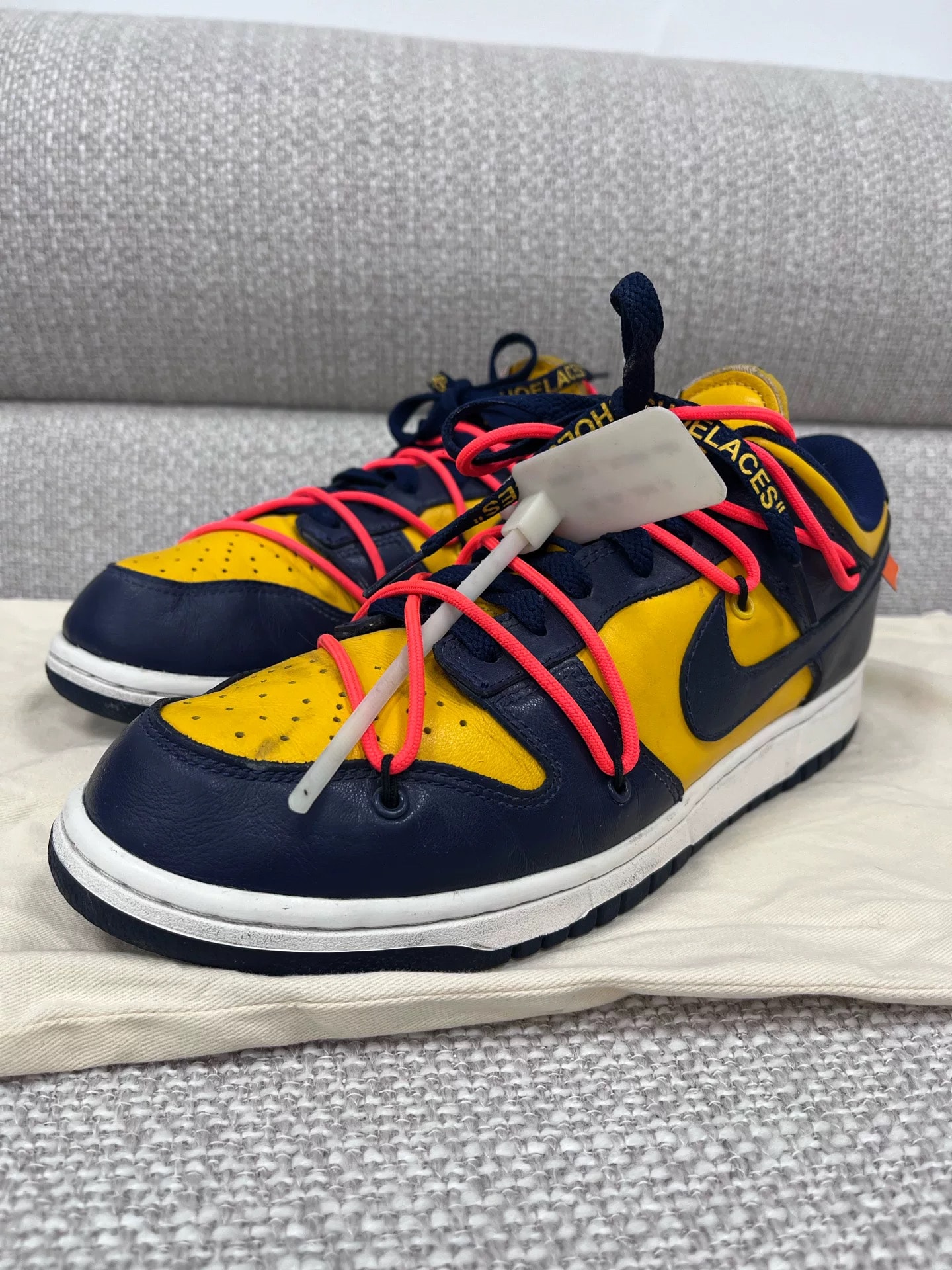 Off-White × Nike Dunk Low  LTHR "University Gold/Midnight Navy/White"