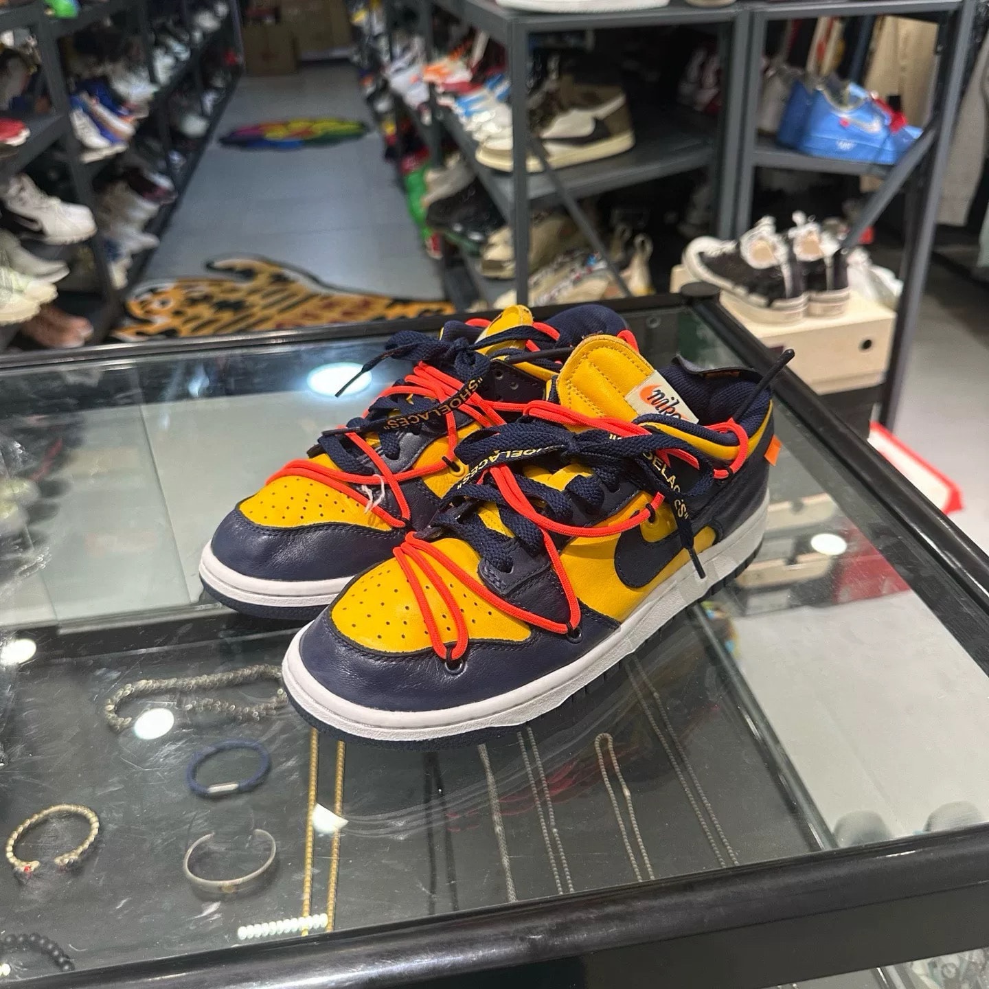 Off-White × Nike Dunk Low  LTHR "University Gold/Midnight Navy/White"