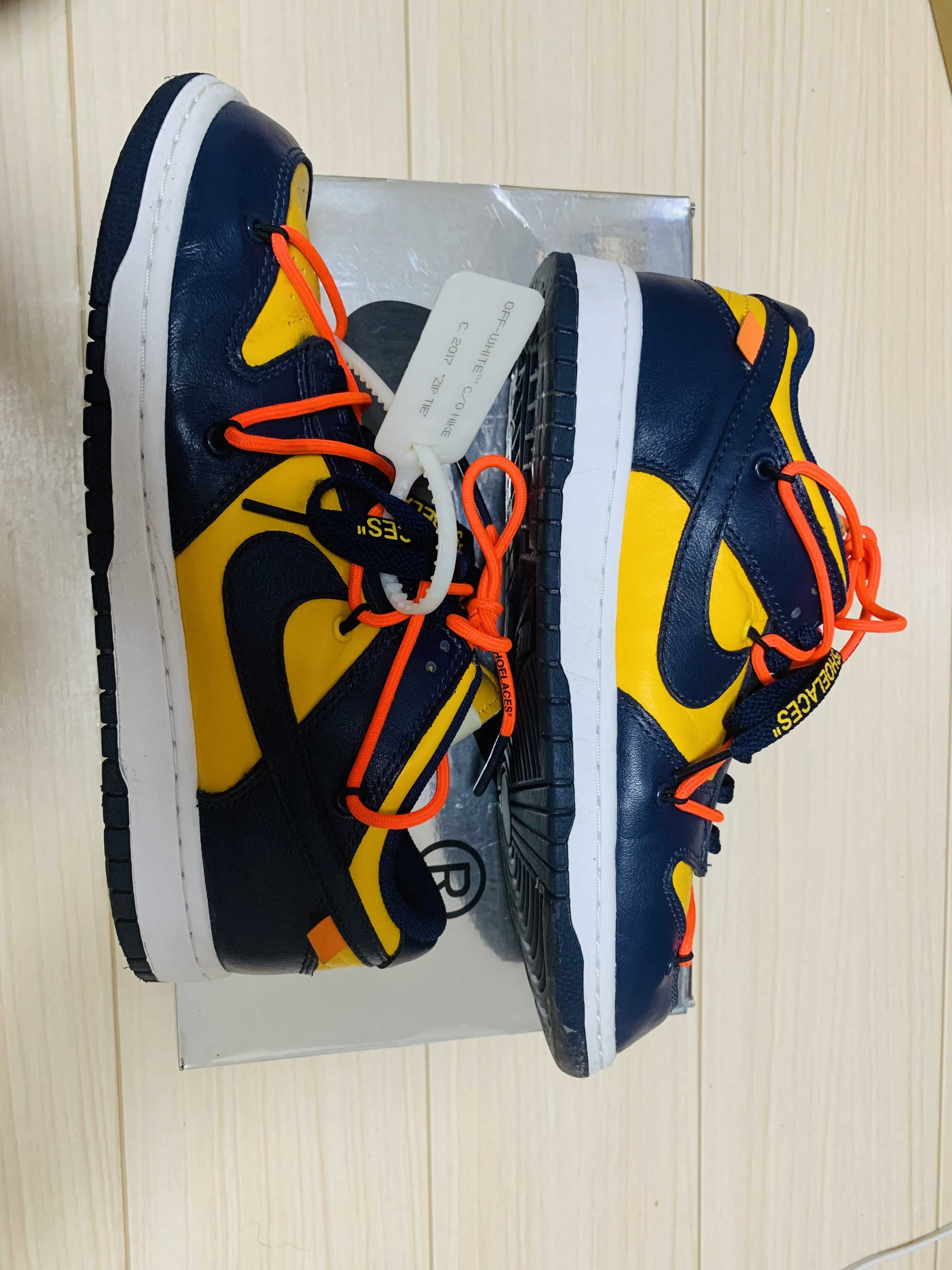 Off-White × Nike Dunk Low LTHR "University Gold/Midnight Navy/White"