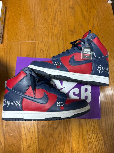 Supreme × Nike SB Dunk High By Any Means "Red/Navy-White"