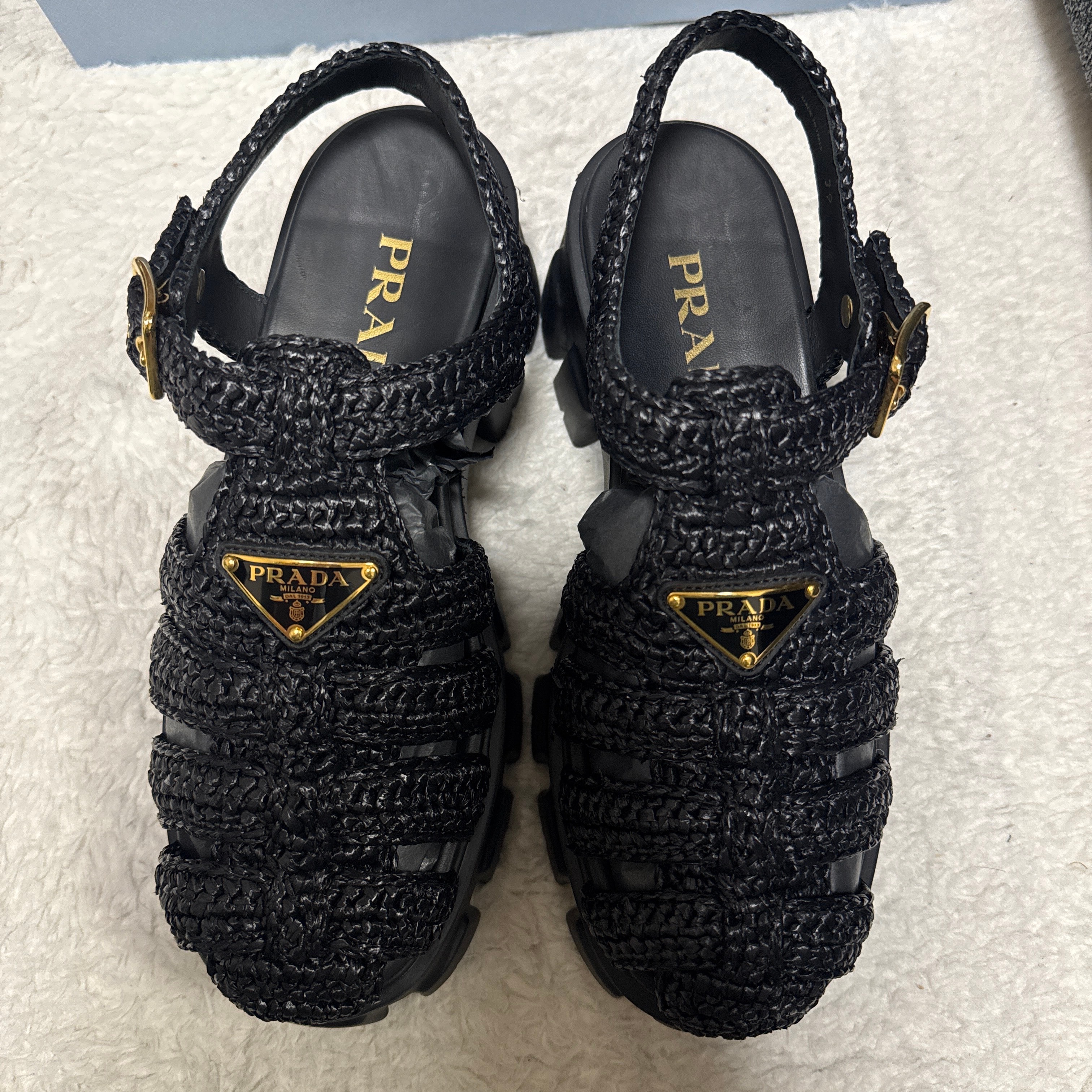 PRADA Women's Monolith Crochet Cage Sandals "Black"