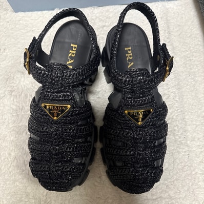 PRADA Women's Monolith Crochet Cage Sandals "Black"