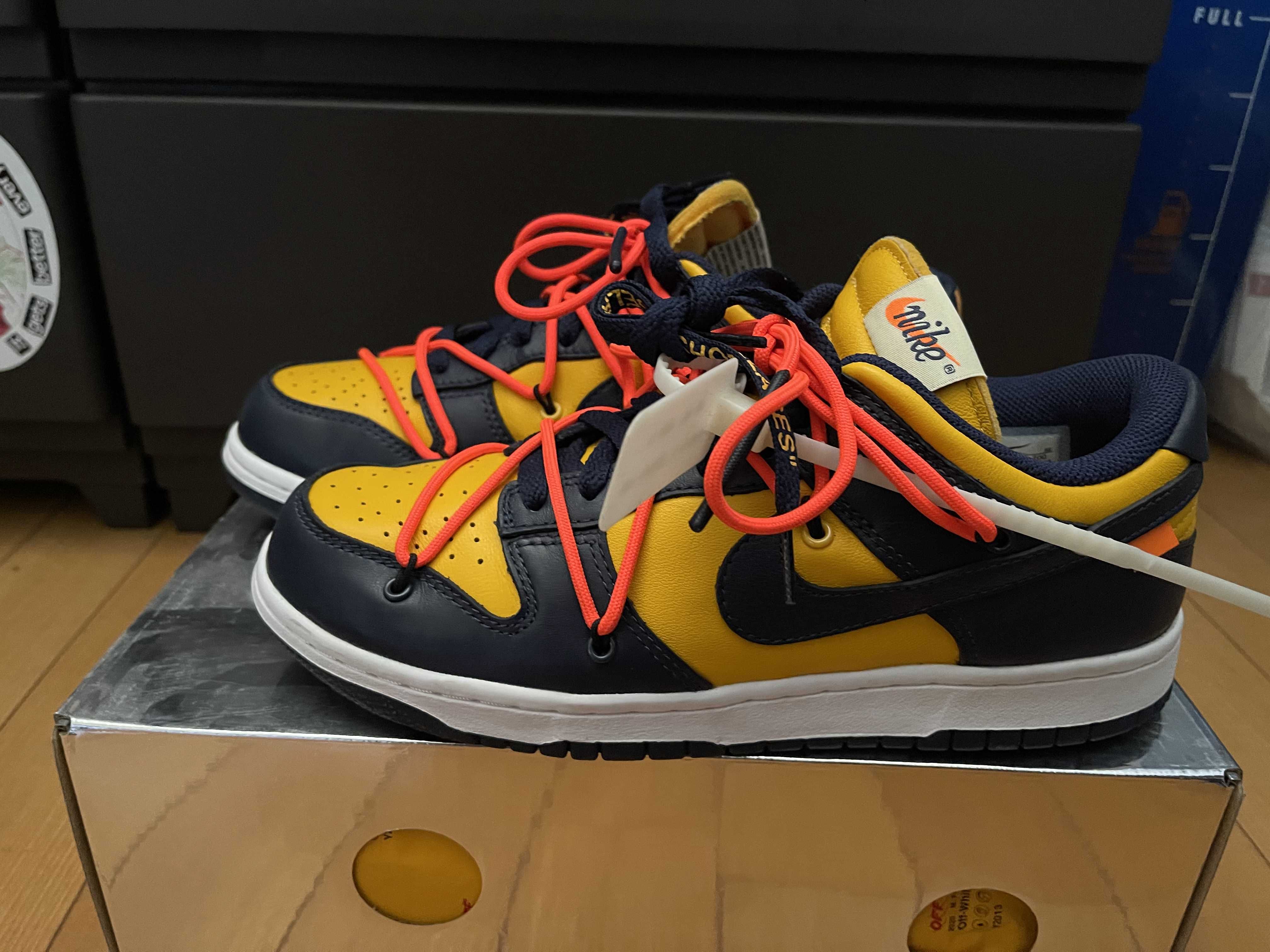 Off-White × Nike Dunk Low  LTHR "University Gold/Midnight Navy/White"