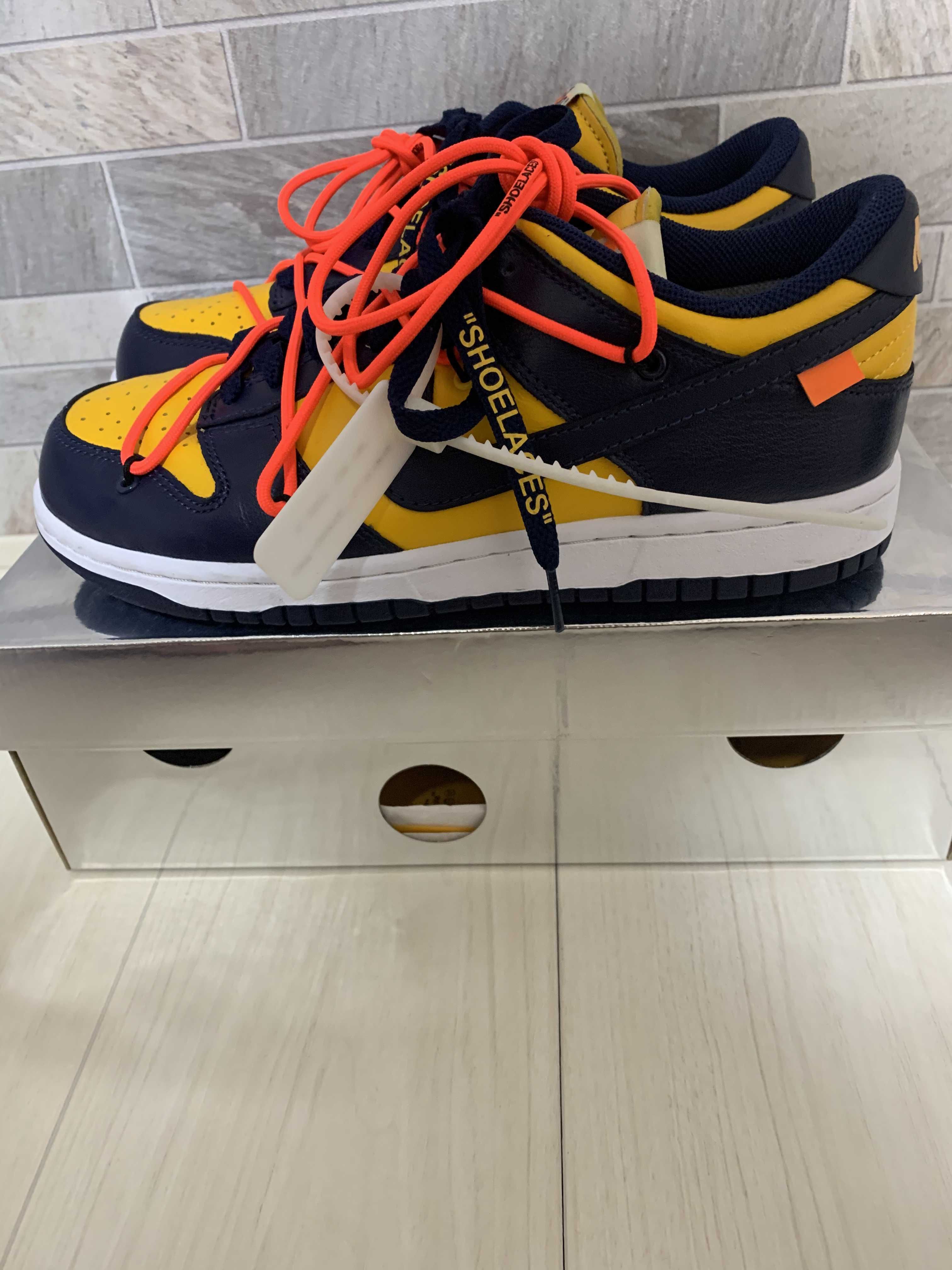 Off-White × Nike Dunk Low  LTHR "University Gold/Midnight Navy/White"