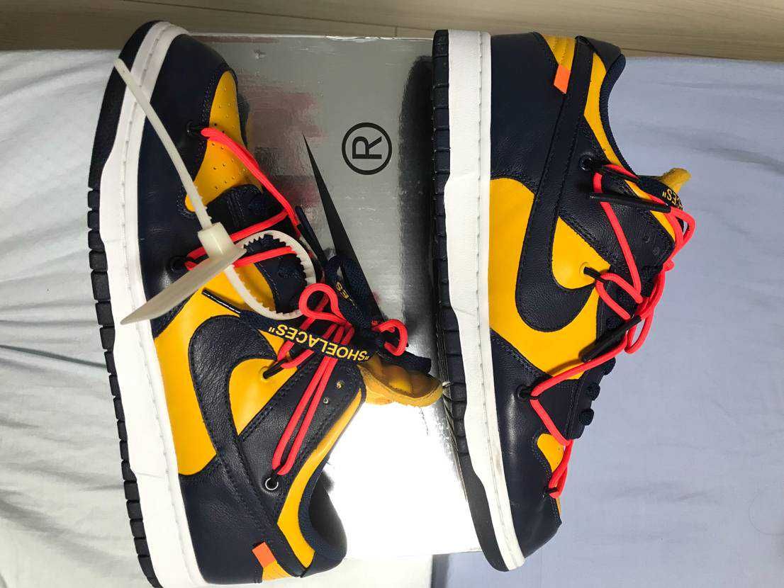Off-White × Nike Dunk Low LTHR "University Gold/Midnight Navy/White"