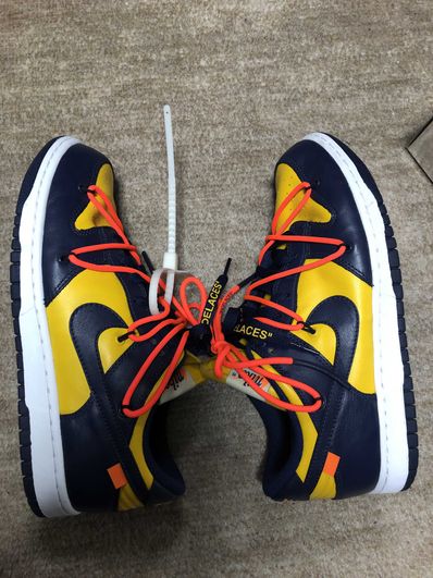 Off-White × Nike Dunk Low LTHR "University Gold/Midnight Navy/White"