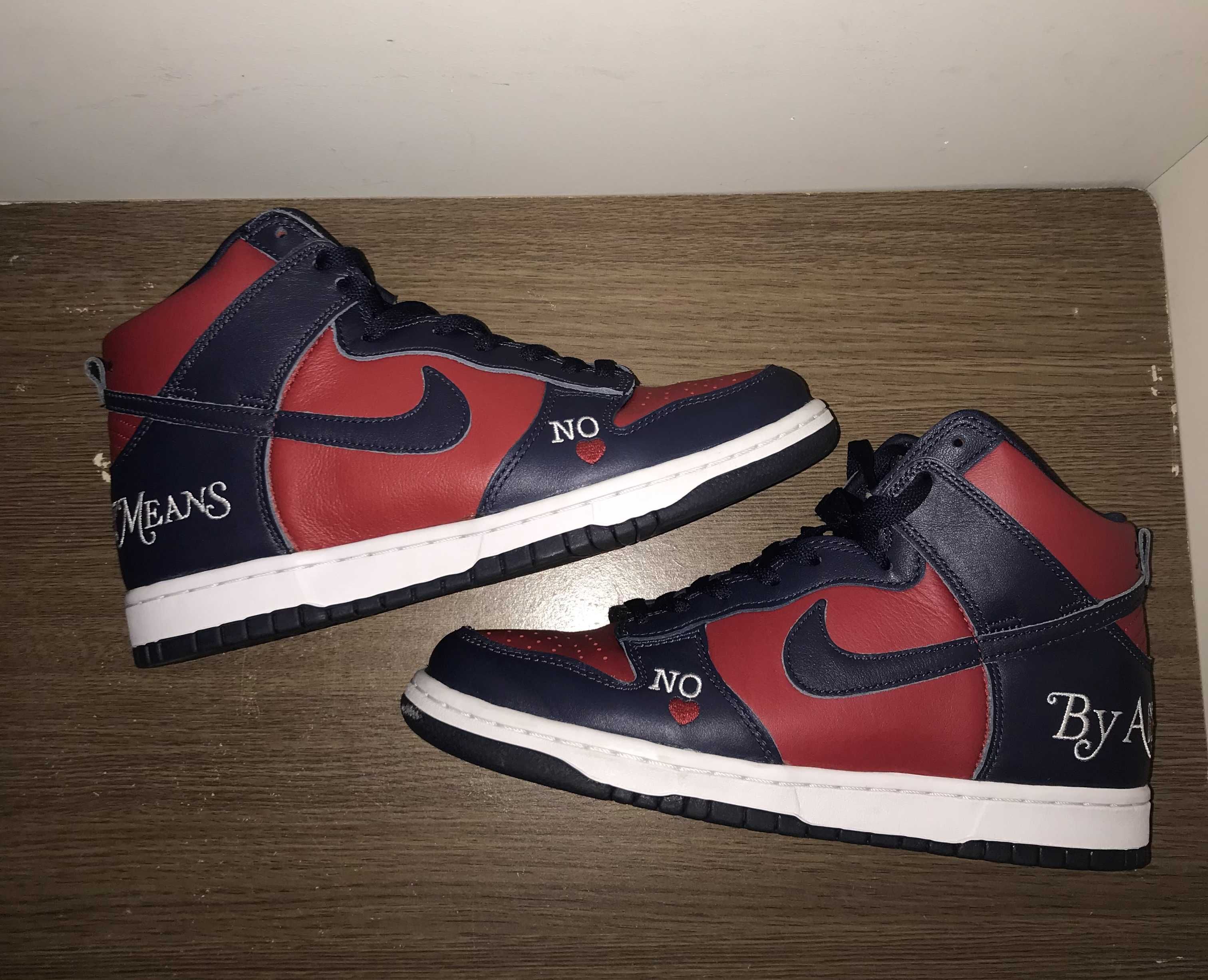 Supreme × Nike SB Dunk High By Any Means "Red/Navy-White"