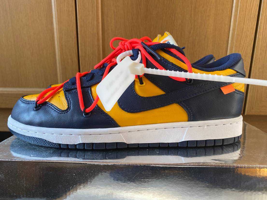 Off-White × Nike Dunk Low LTHR "University Gold/Midnight Navy/White"