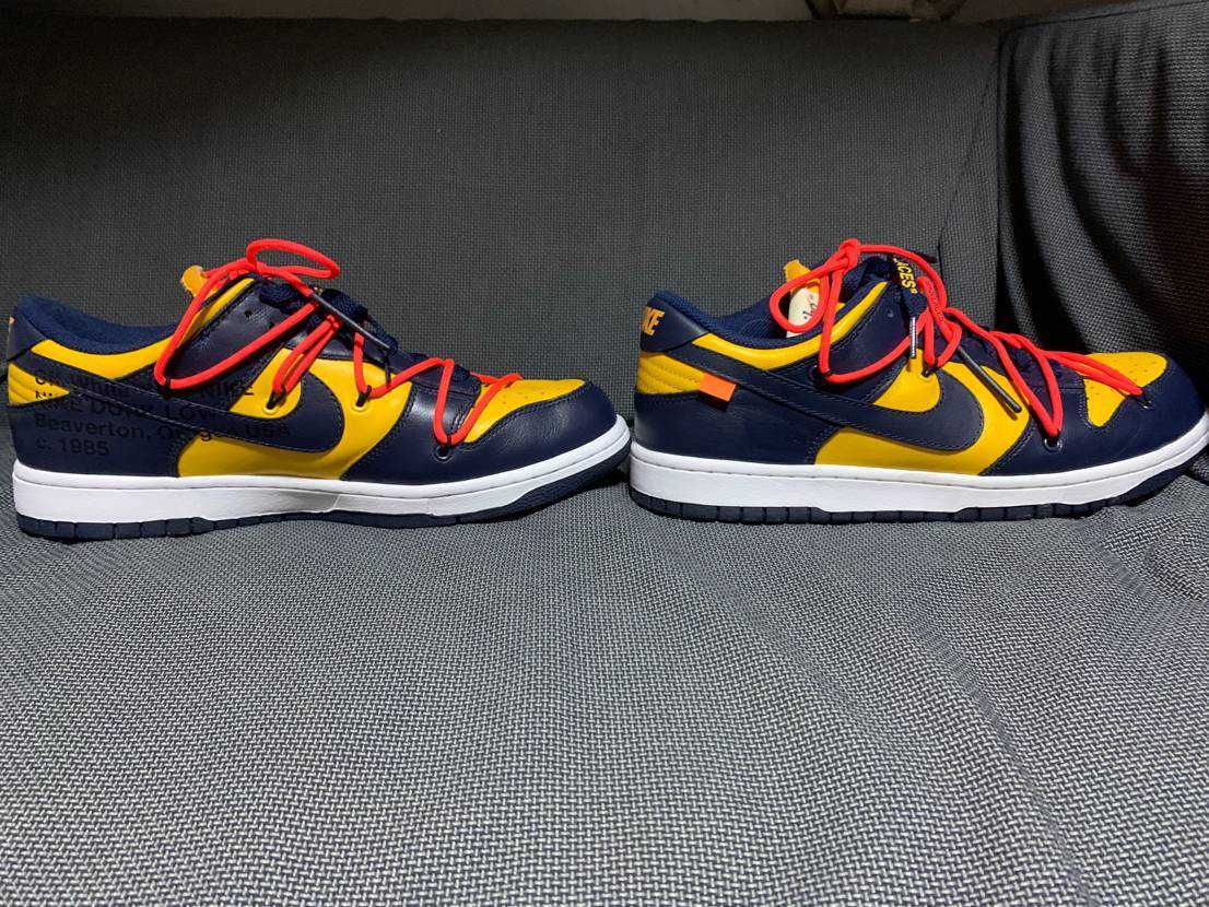 Off-White × Nike Dunk Low  LTHR "University Gold/Midnight Navy/White"