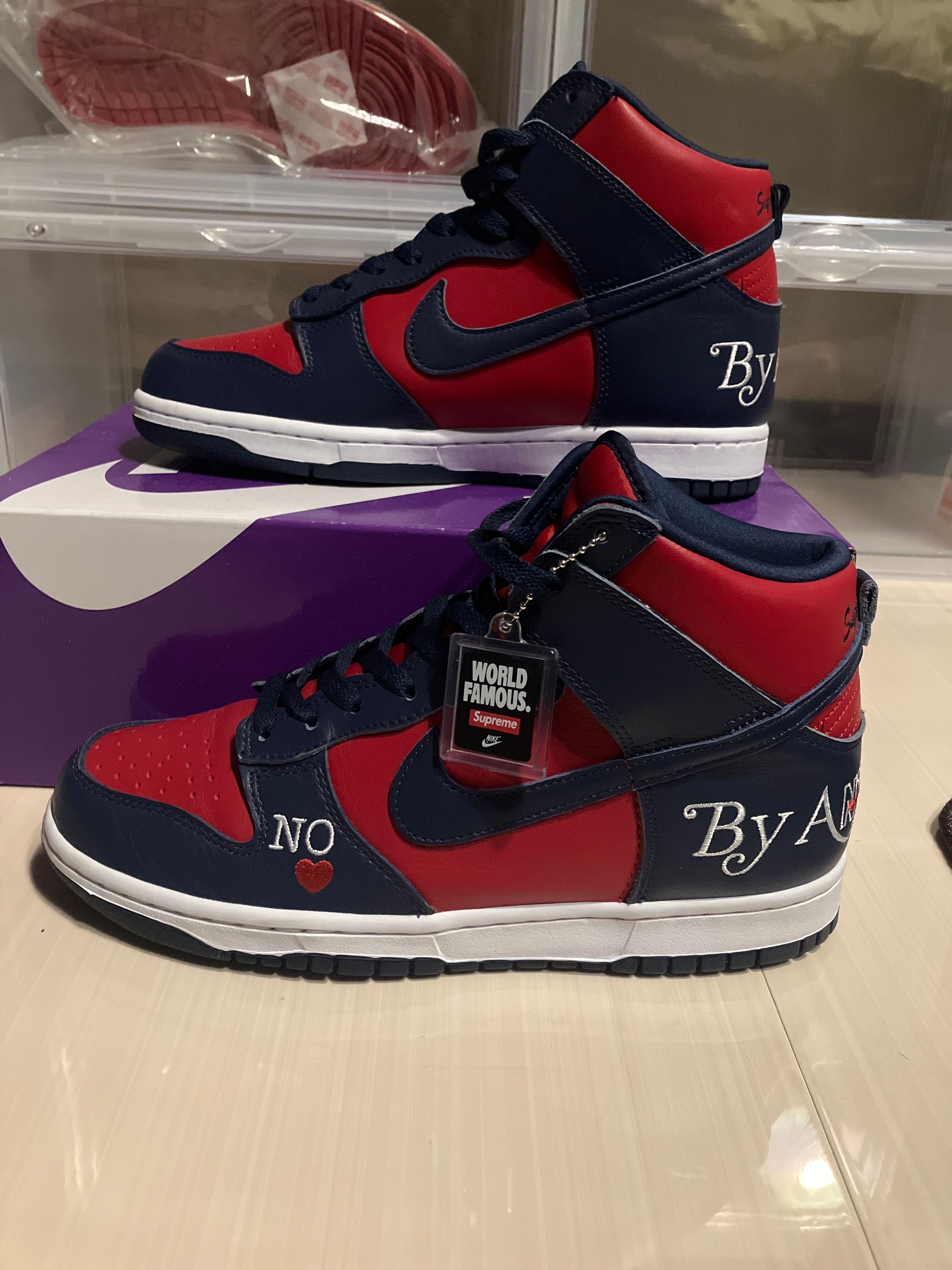 Supreme × Nike SB Dunk High By Any Means "Red/Navy-White"