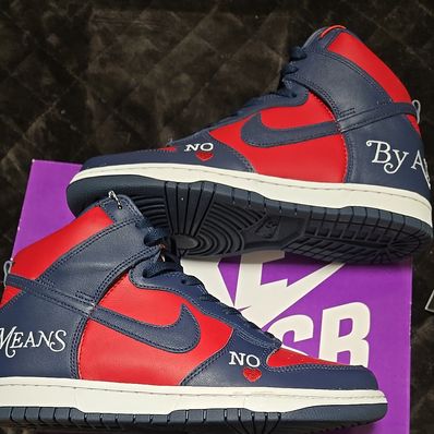 Supreme × Nike SB Dunk High By Any Means "Red/Navy-White"