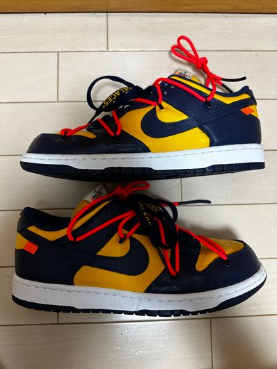 Off-White × Nike Dunk Low LTHR "University Gold/Midnight Navy/White"