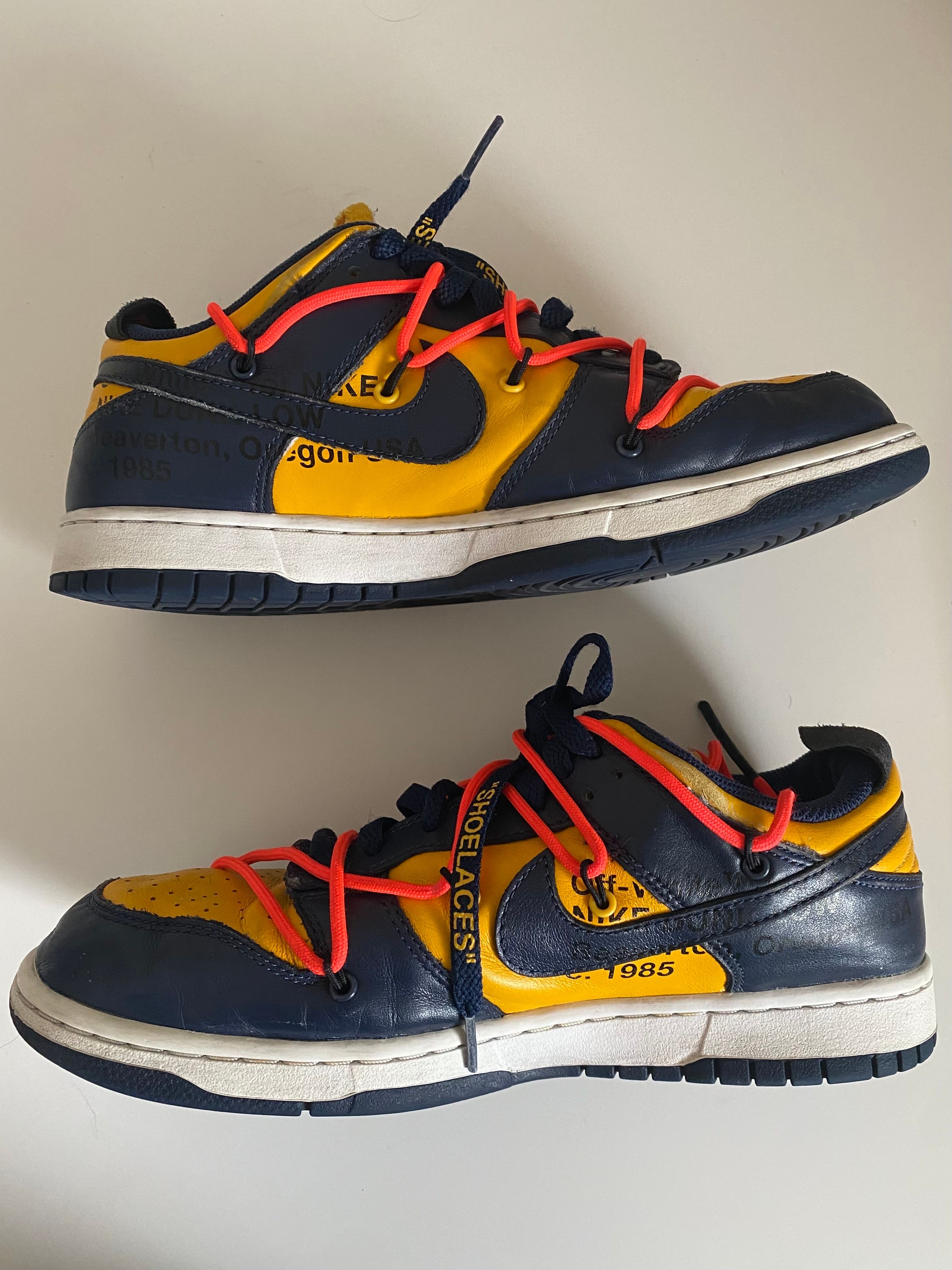 Off-White × Nike Dunk Low  LTHR "University Gold/Midnight Navy/White"