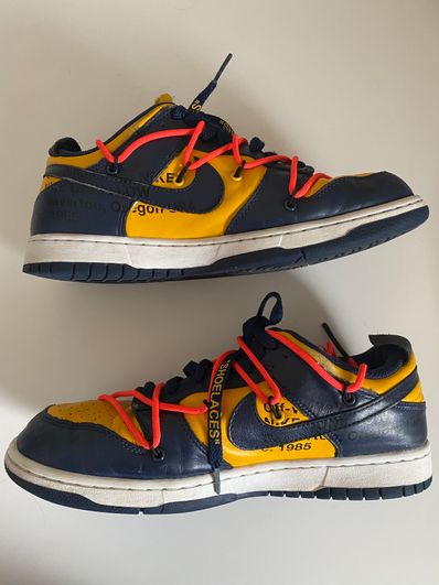Off-White × Nike Dunk Low LTHR "University Gold/Midnight Navy/White"