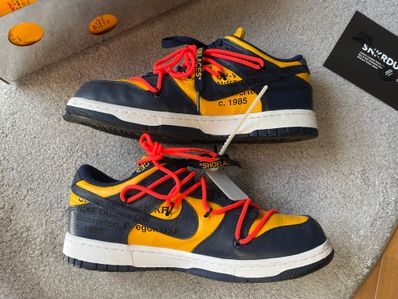 Off-White × Nike Dunk Low LTHR "University Gold/Midnight Navy/White"