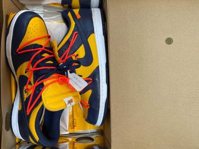 Off-White × Nike Dunk Low LTHR "University Gold/Midnight Navy/White"