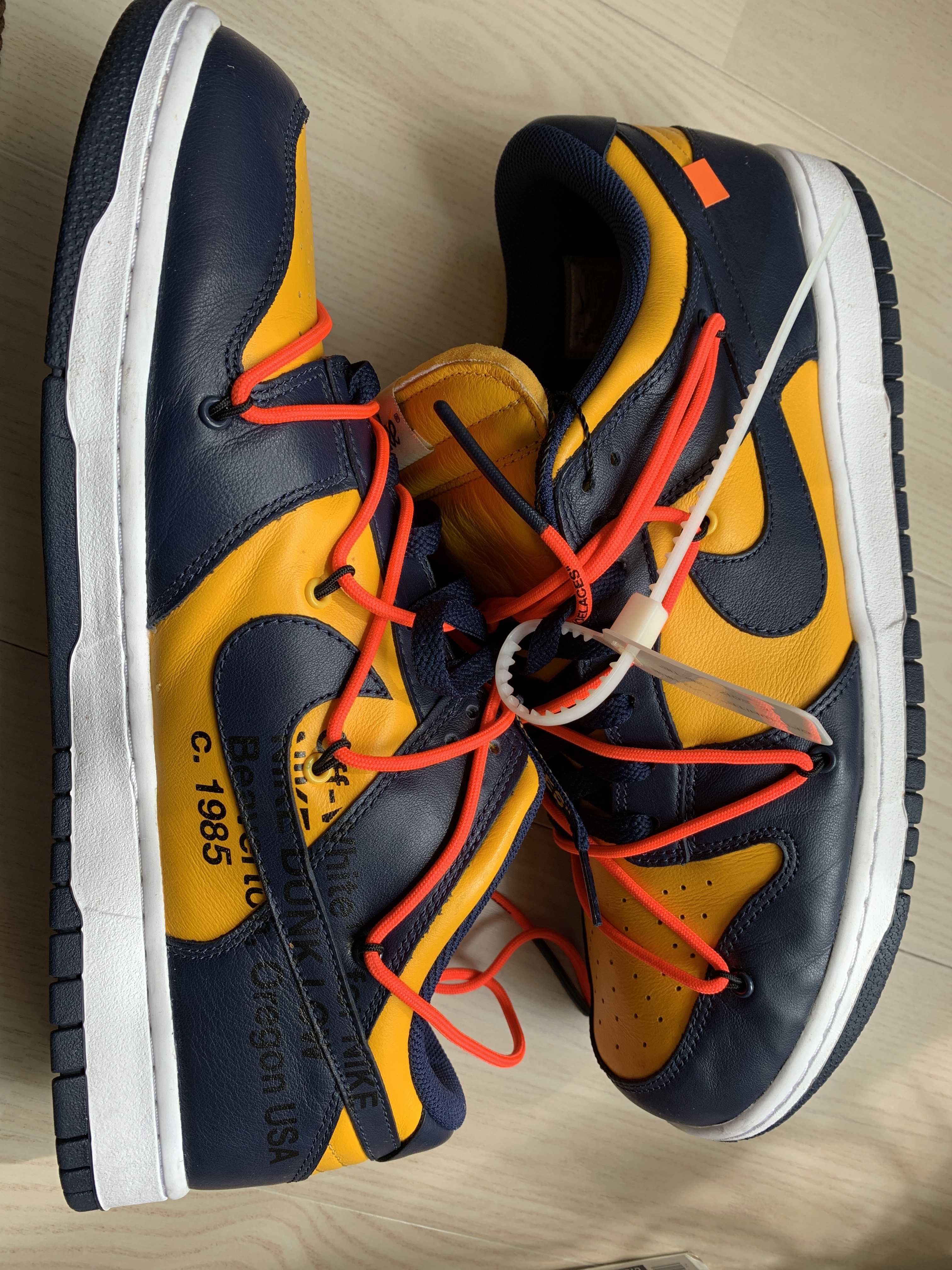Off-White × Nike Dunk Low  LTHR "University Gold/Midnight Navy/White"