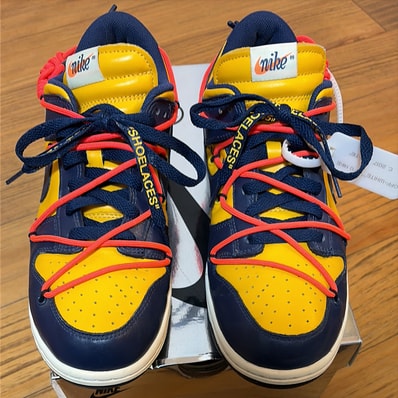 Off-White × Nike Dunk Low LTHR "University Gold/Midnight Navy/White"