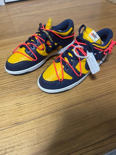 Off-White × Nike Dunk Low LTHR "University Gold/Midnight Navy/White"