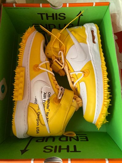 Off-White × Nike Air Force 1 Mid SP LTHR "White and Varsity Maize"