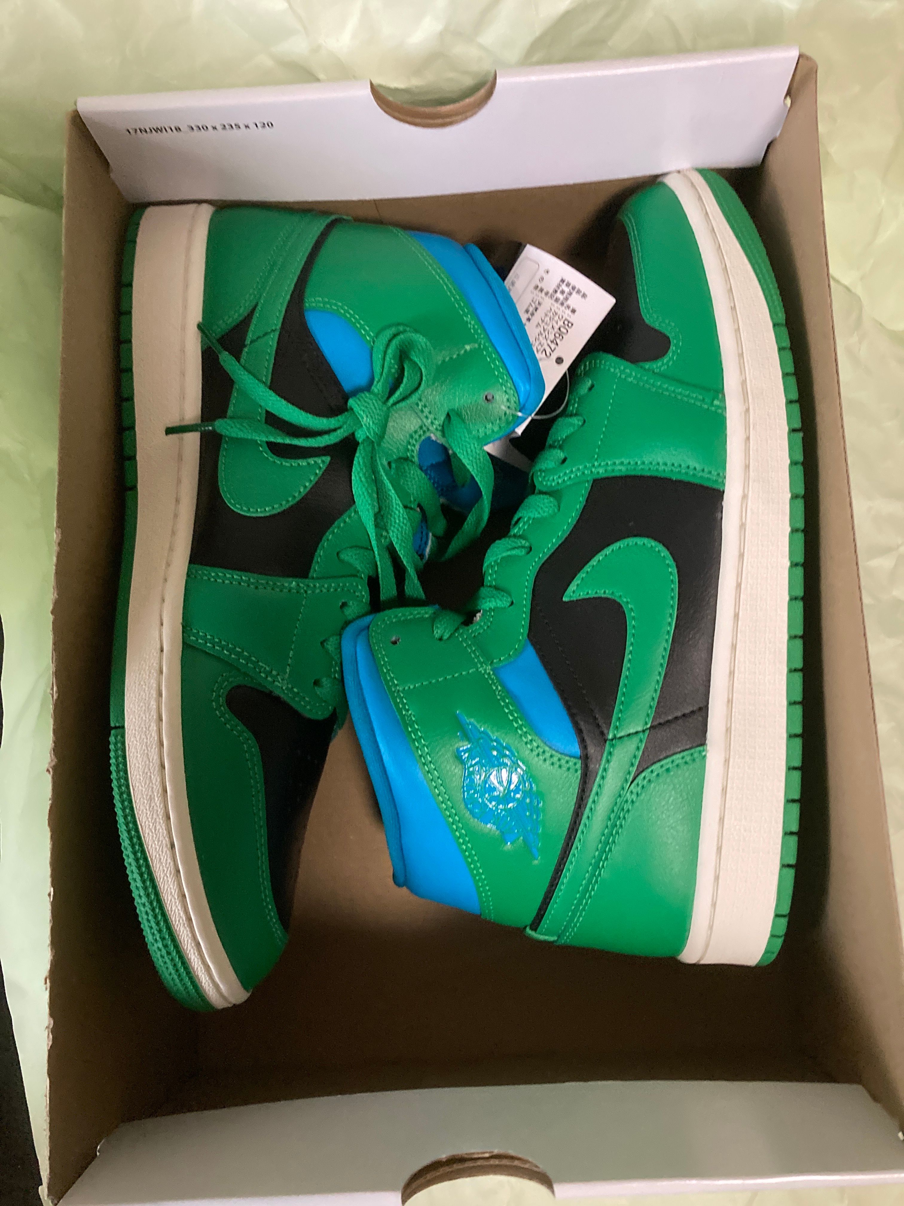 Nike Women's Air Jordan 1 Mid "Black/Lucky Green and Aquatone"