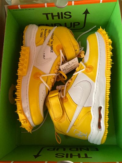 Off-White × Nike Air Force 1 Mid SP LTHR "White and Varsity Maize"