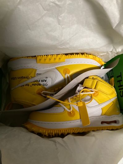 Off-White × Nike Air Force 1 Mid SP LTHR "White and Varsity Maize"