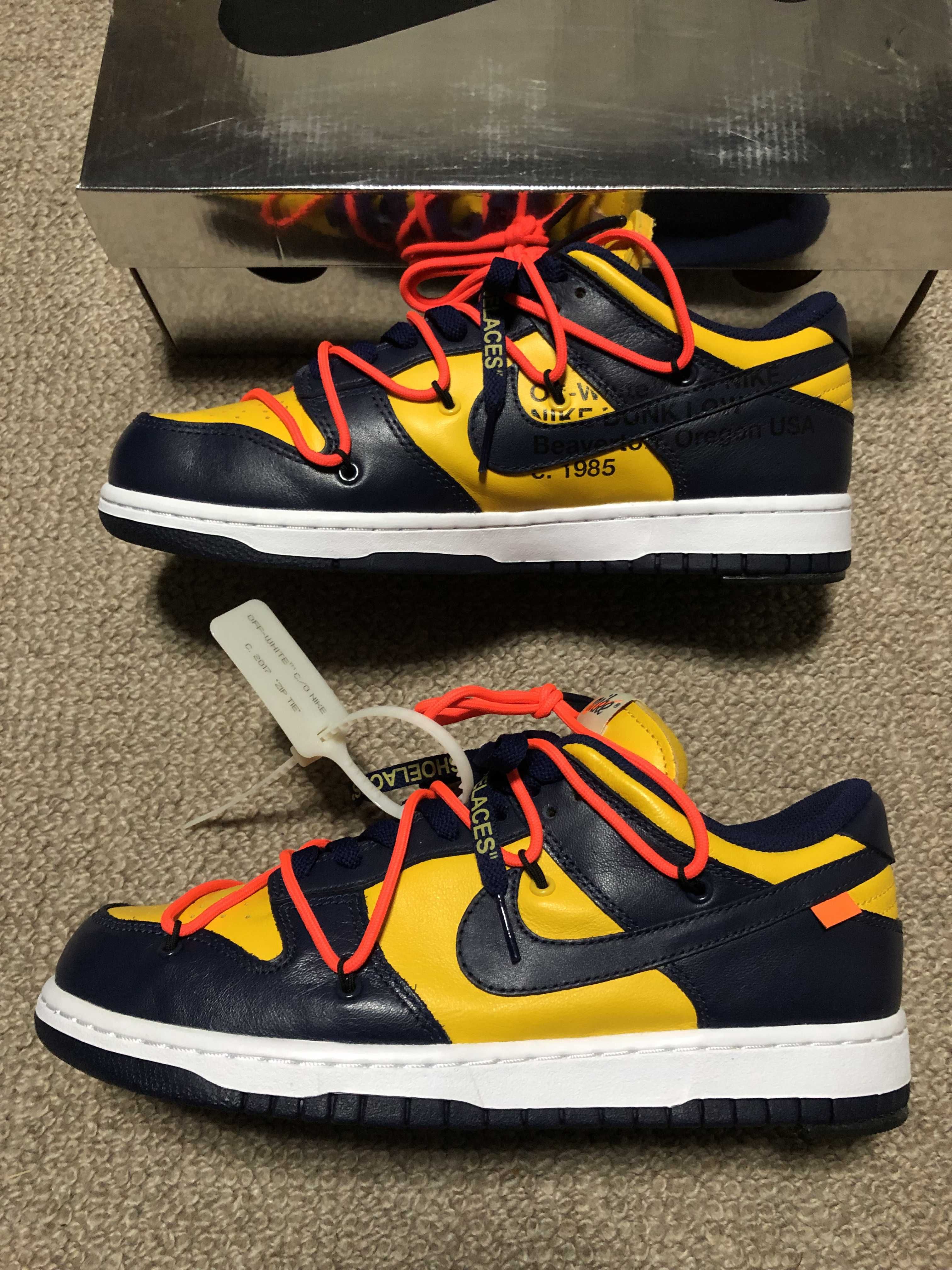 Off-White × Nike Dunk Low LTHR "University Gold/Midnight Navy/White"