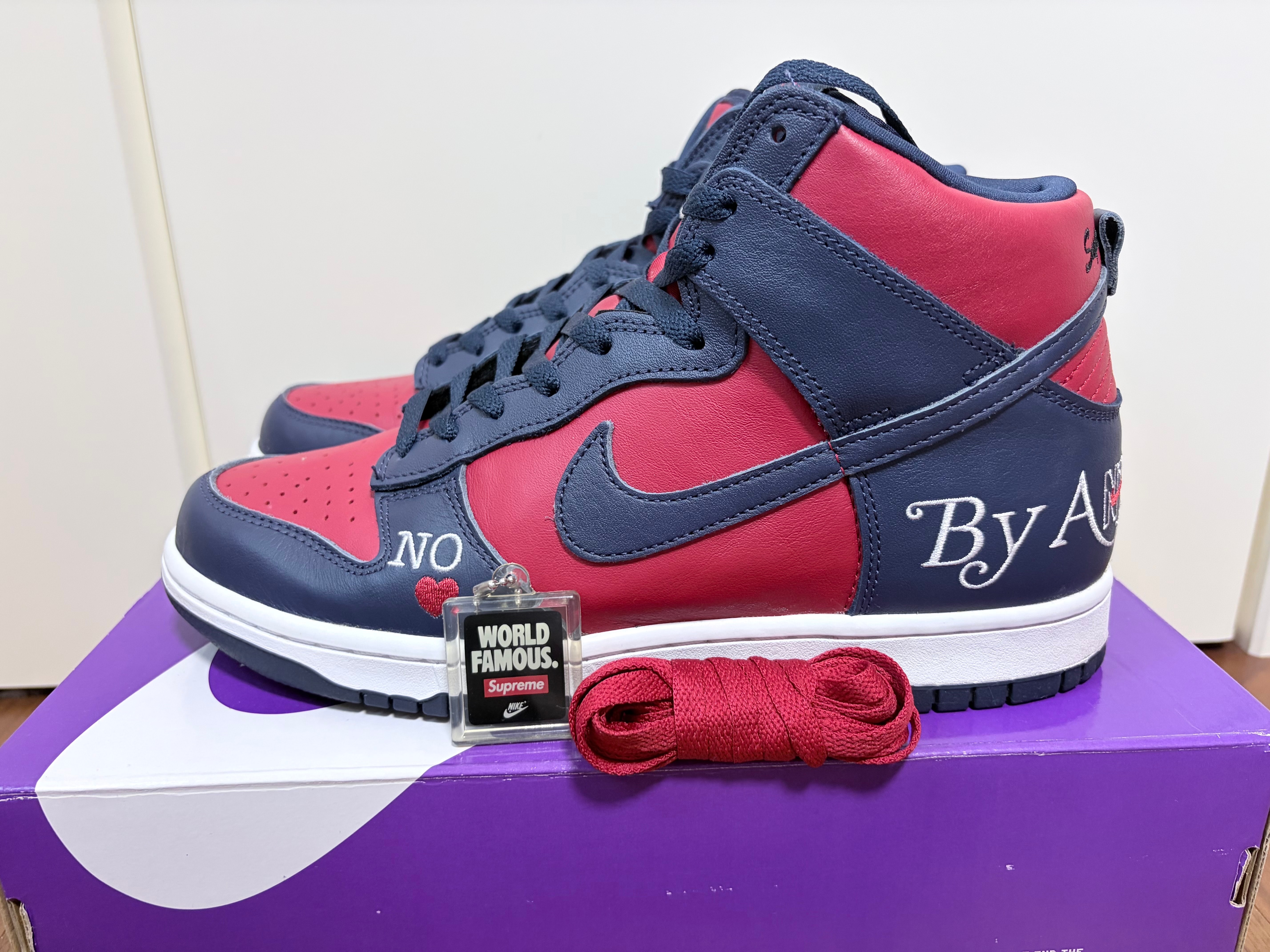 Supreme × Nike SB Dunk High By Any Means "Red/Navy-White"