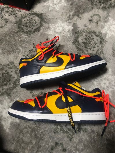 Off-White × Nike Dunk Low LTHR "University Gold/Midnight Navy/White"