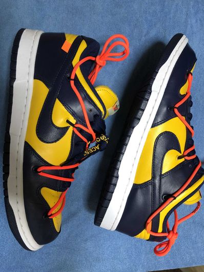 Off-White × Nike Dunk Low LTHR "University Gold/Midnight Navy/White"