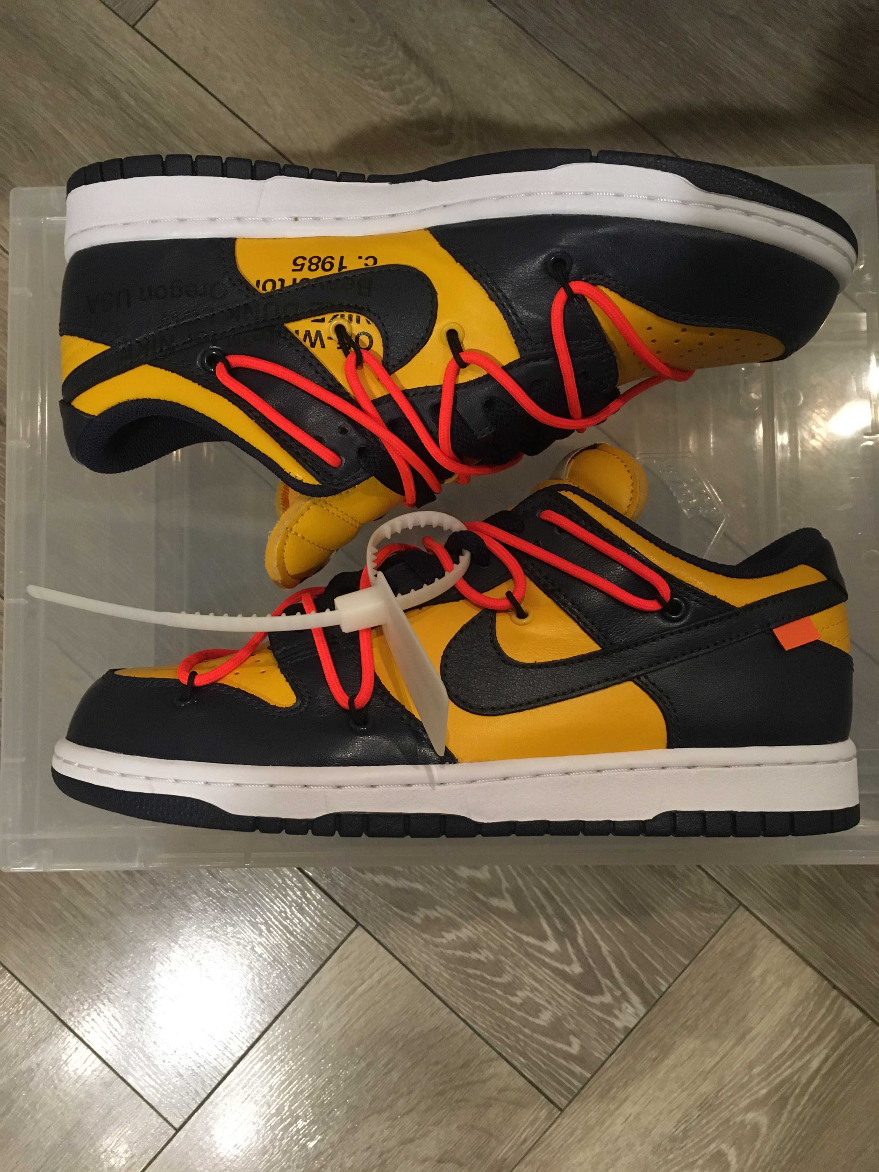 Off-White × Nike Dunk Low LTHR "University Gold/Midnight Navy/White"