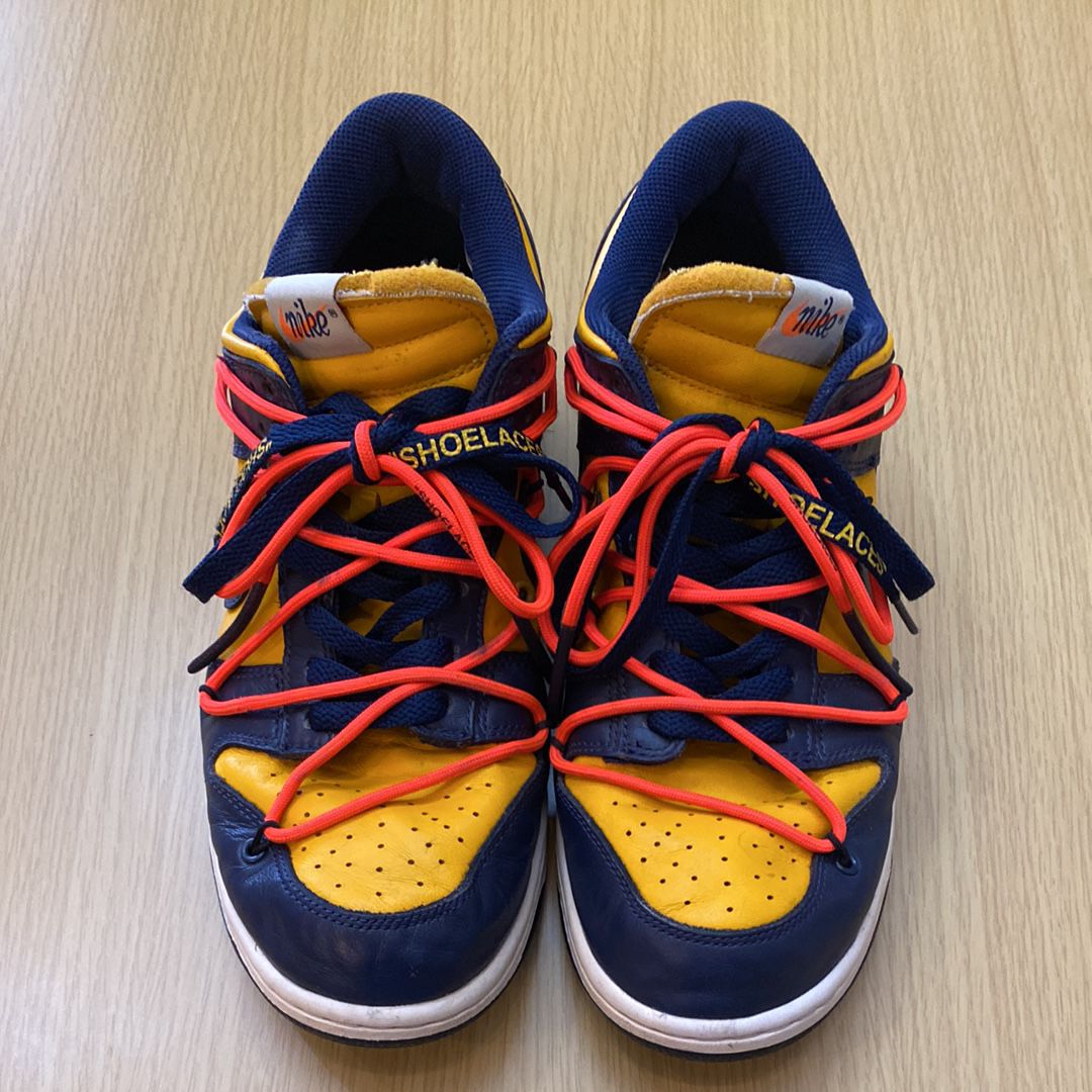 Off-White × Nike Dunk Low  LTHR "University Gold/Midnight Navy/White"