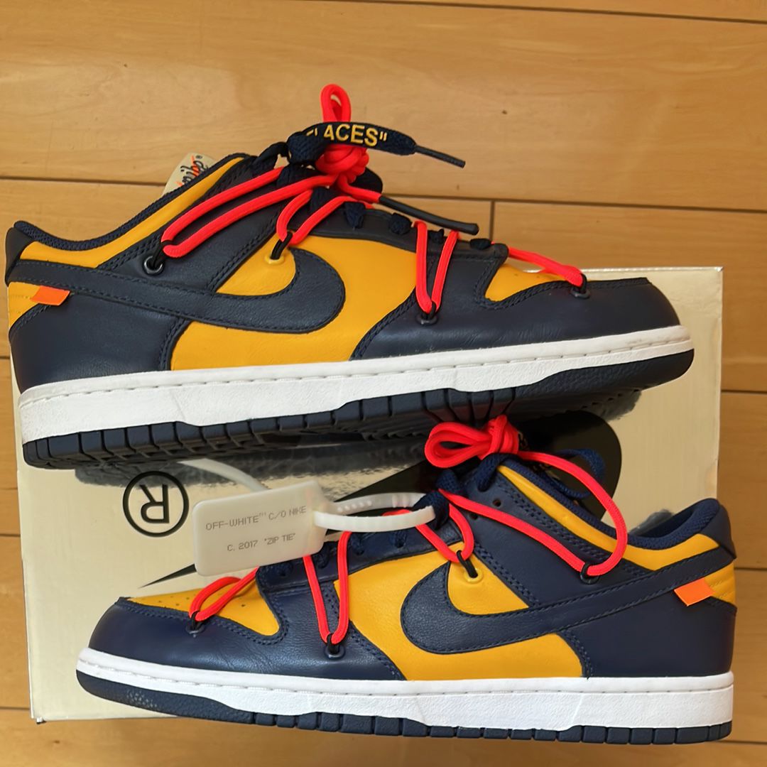 Off-White × Nike Dunk Low  LTHR "University Gold/Midnight Navy/White"