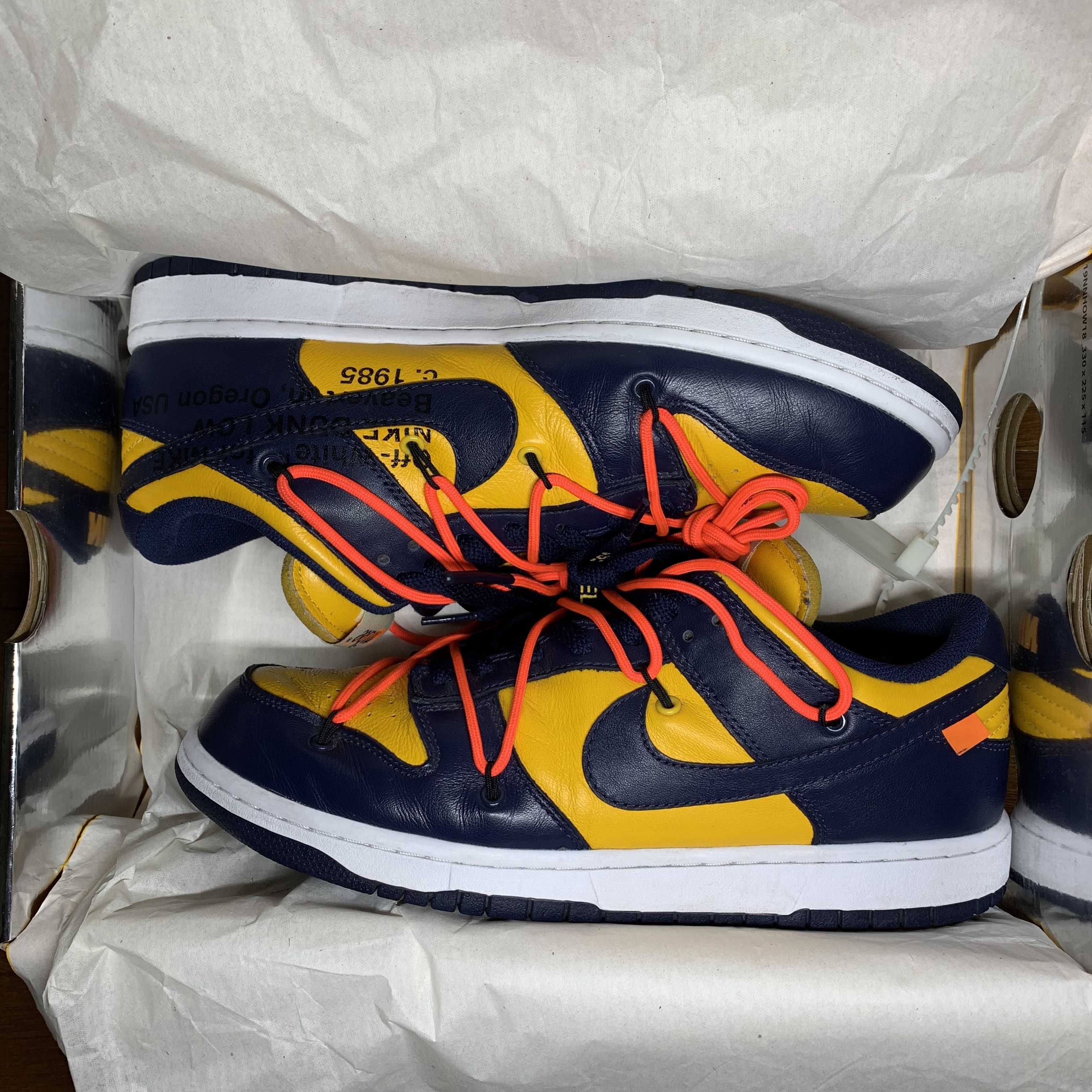 Off-White × Nike Dunk Low  LTHR "University Gold/Midnight Navy/White"