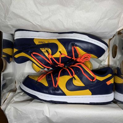 Off-White × Nike Dunk Low LTHR "University Gold/Midnight Navy/White"