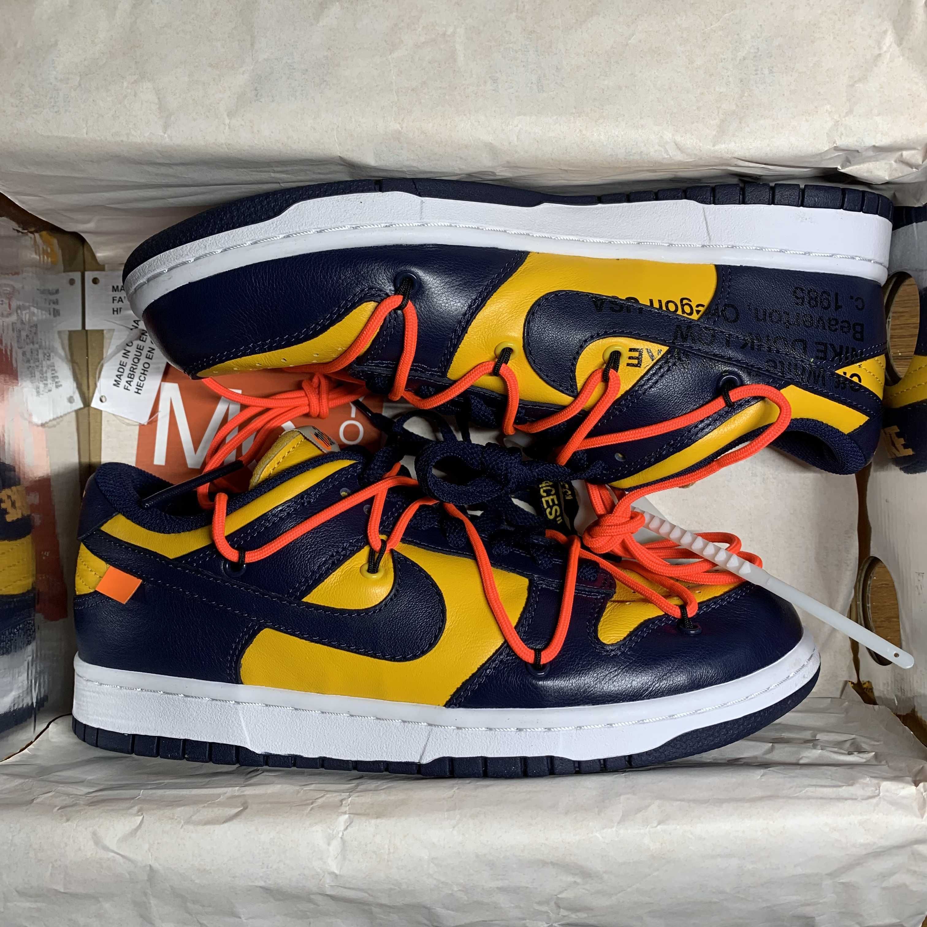 Off-White × Nike Dunk Low LTHR "University Gold/Midnight Navy/White"
