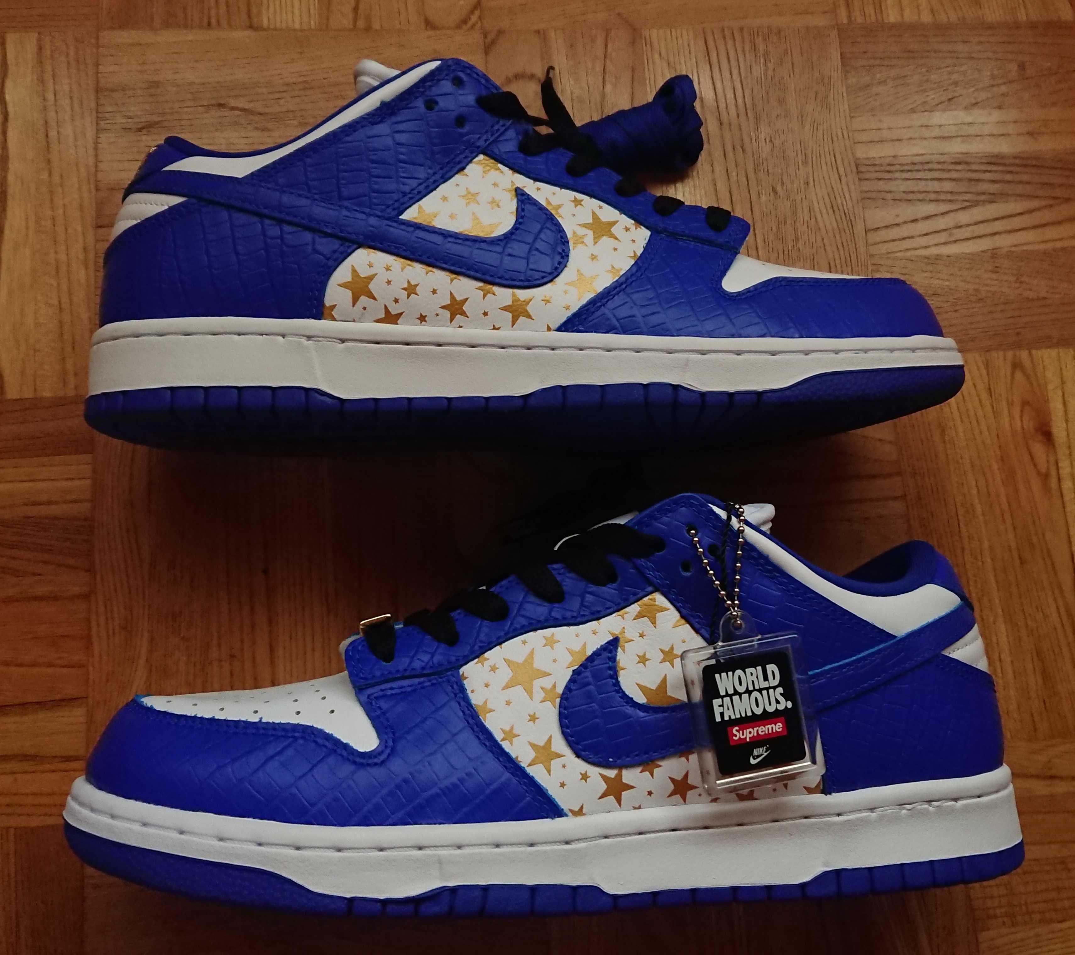 Supreme × Nike SB Dunk Low OG QS Gold Stars "White/Hyper Blue"
