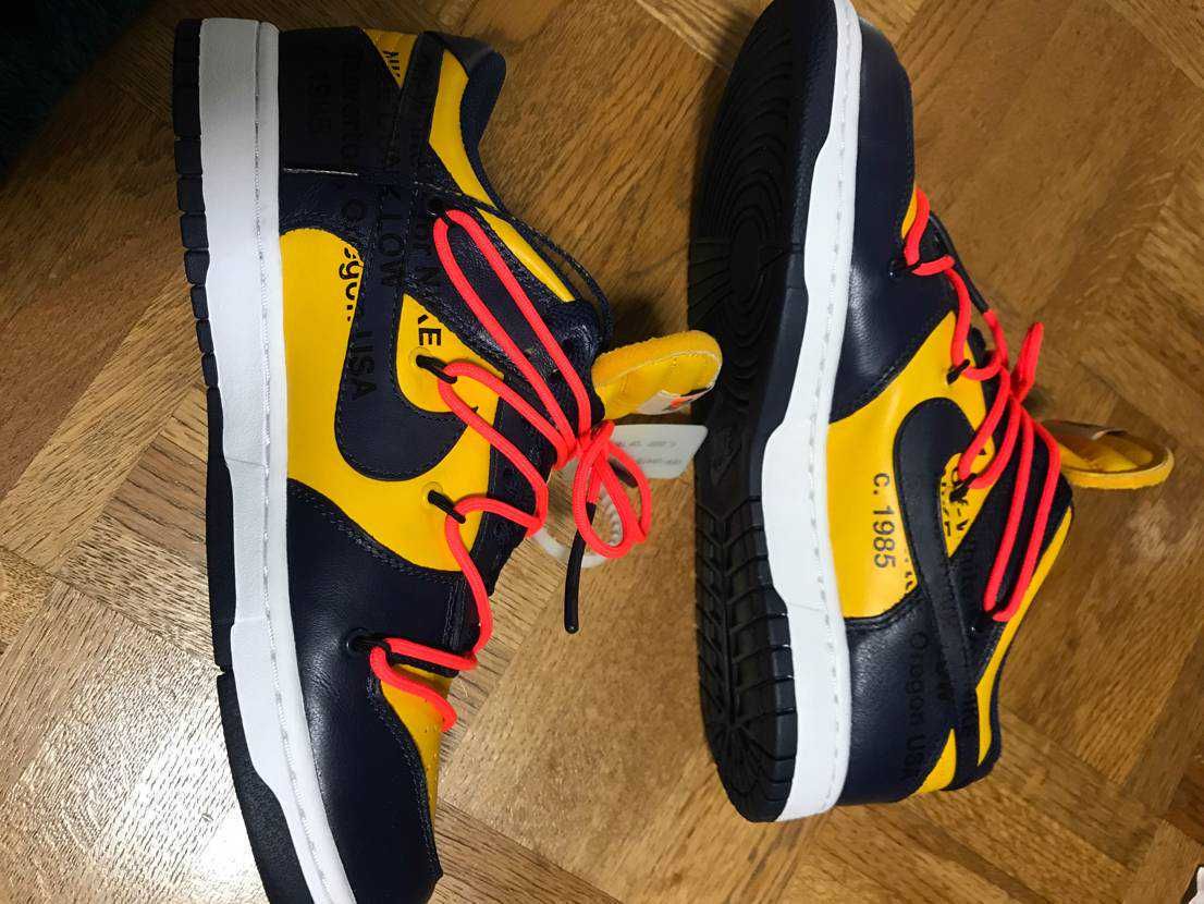 Off-White × Nike Dunk Low  LTHR "University Gold/Midnight Navy/White"