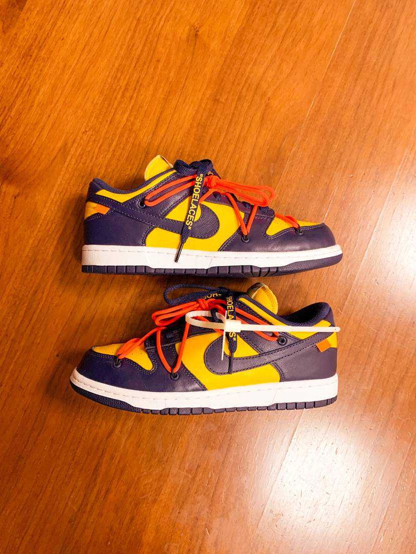 Off-White × Nike Dunk Low  LTHR "University Gold/Midnight Navy/White"