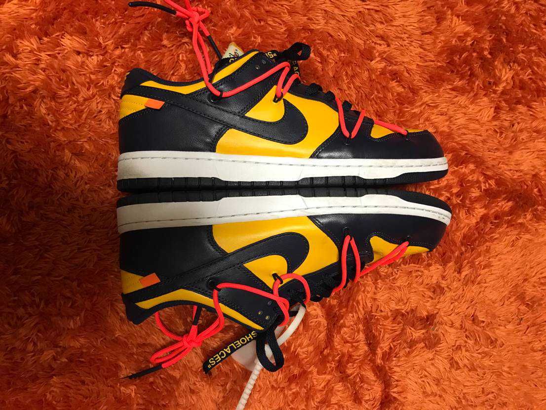 Off-White × Nike Dunk Low  LTHR "University Gold/Midnight Navy/White"