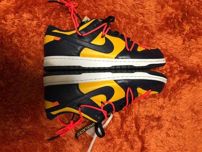 Off-White × Nike Dunk Low LTHR "University Gold/Midnight Navy/White"