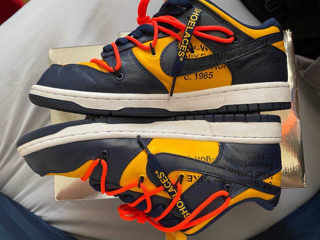 Off-White × Nike Dunk Low  LTHR "University Gold/Midnight Navy/White"