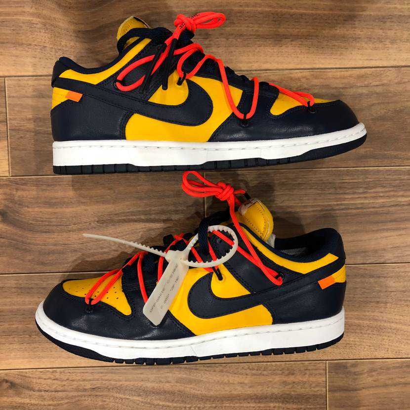 Off-White × Nike Dunk Low LTHR "University Gold/Midnight Navy/White"