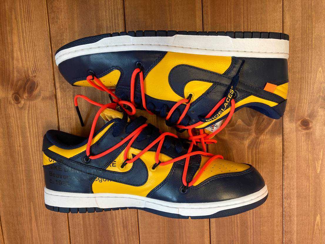 Off-White × Nike Dunk Low LTHR "University Gold/Midnight Navy/White"
