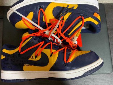 Off-White × Nike Dunk Low LTHR "University Gold/Midnight Navy/White"