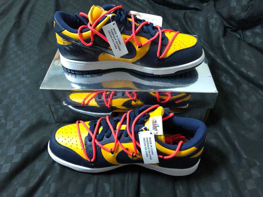 Off-White × Nike Dunk Low LTHR "University Gold/Midnight Navy/White"