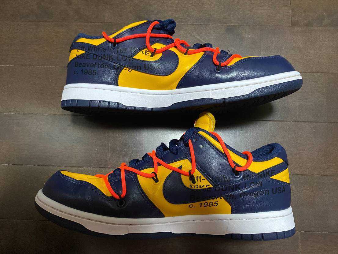 Off-White × Nike Dunk Low LTHR "University Gold/Midnight Navy/White"