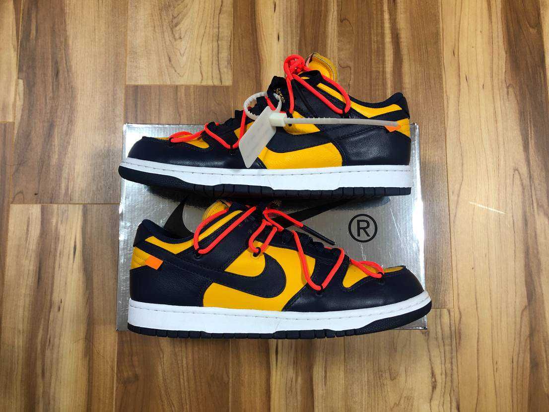Off-White × Nike Dunk Low  LTHR "University Gold/Midnight Navy/White"